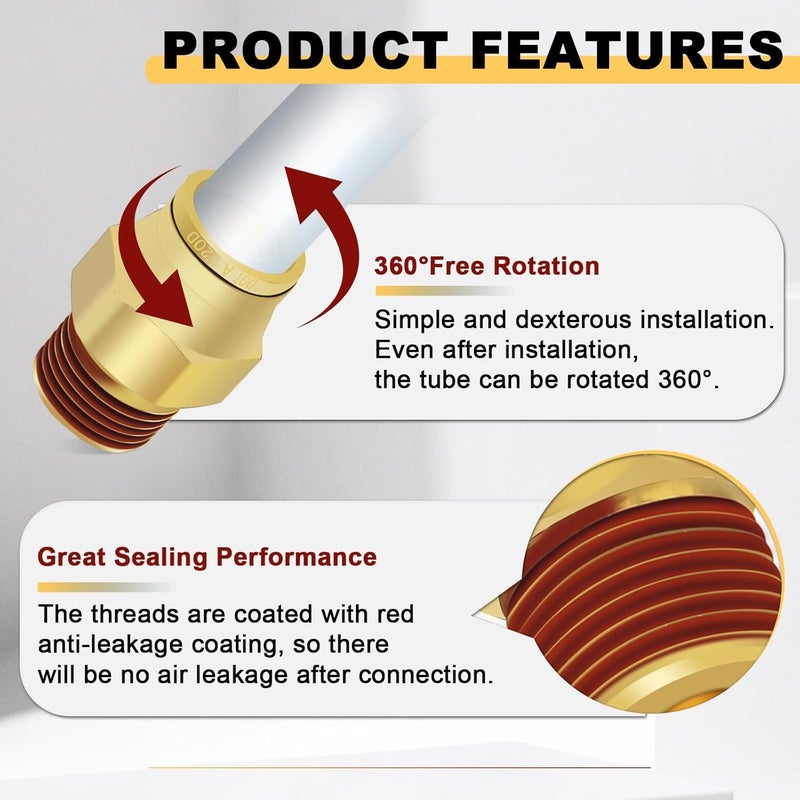 Siptenk 1/2" DOT Brass Push to Connect Air Line Fittings 5 PCS, 1/2" OD Tube x 3/8" NPT Thread Air Brake Line Quick Connect Fittings for Truck Trailers Industry Air System - Image 3